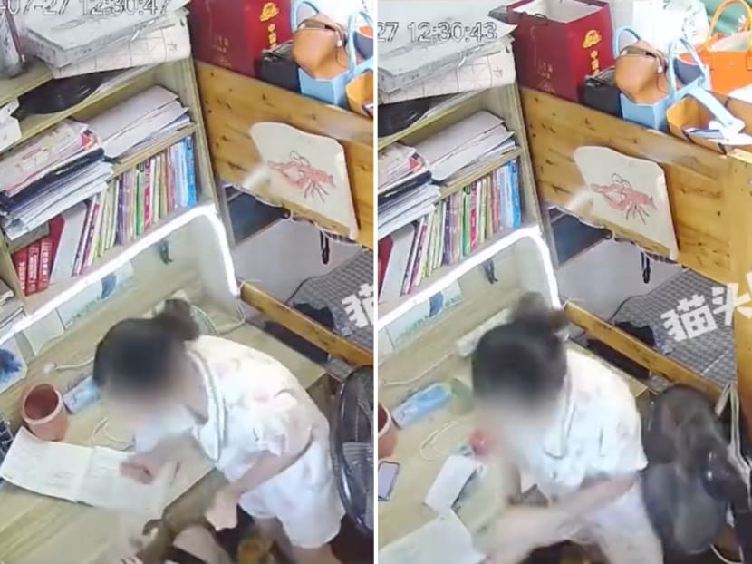 Screenshots from a viral video showing a mother in China going hysterical over her son's homework. 