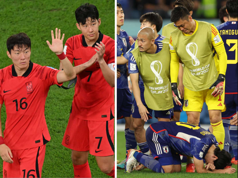 (Left) South Korea's Hwang Ui-jo and Son Heung-min applauding the fans at the end of their round-of-16 match against Brazil. (Right) Japan's players reacting to the team's defeat against Croatia on Dec 5, 2022.