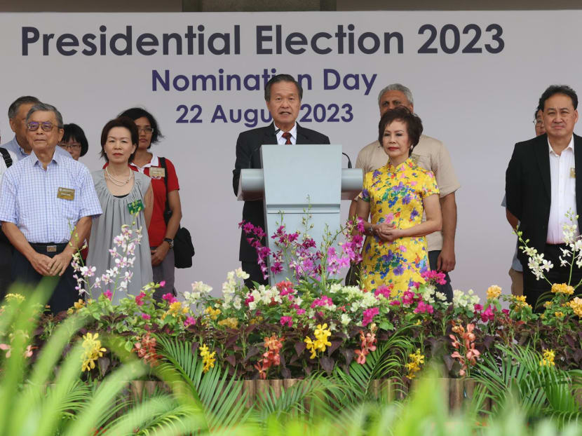 Mr Tan Kin Lian addressing supporters after being formally nominated as a presidential candidate on Aug 22, 2023.
