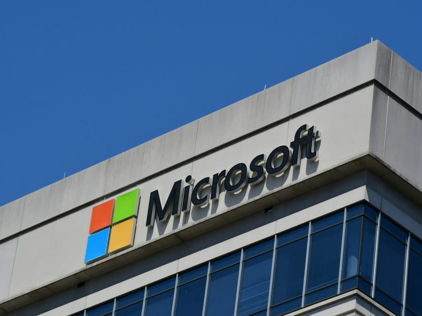 A Microsoft logo adorns a building in Chevy Chase, Maryland on May 19, 2021.