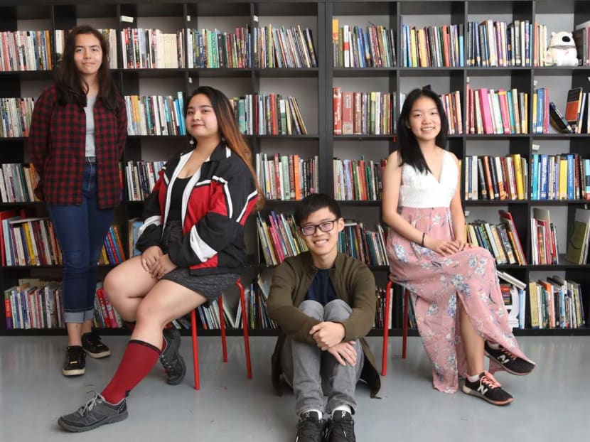 Youth curators involved in the SWF Youth Fringe. Left right: Layla O’Connor, 15, Althea Isis Giron, 18, Royston Soh, 17 and Joyce Jin, 18.