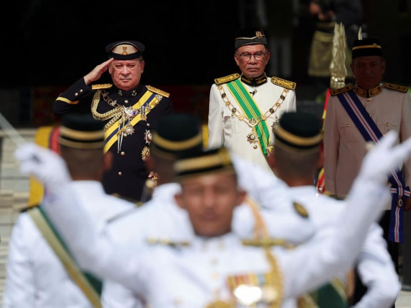 Sultan Ibrahim Sultan Iskandar salutes a guard of honour, beside Malaysia's Prime Minister Anwar Ibrahim, at the National Palace in Kuala Lumpur on Jan 31, 2024. Sultan Ibrahim Sultan Iskandar salutes a guard of honour, beside Malaysia's Prime Minister Anwar Ibrahim, at the National Palace in Kuala Lumpur on Jan 31, 2024.
