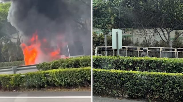 PIE往大士方向巴士突起火 火势猛烈 所幸无人受伤