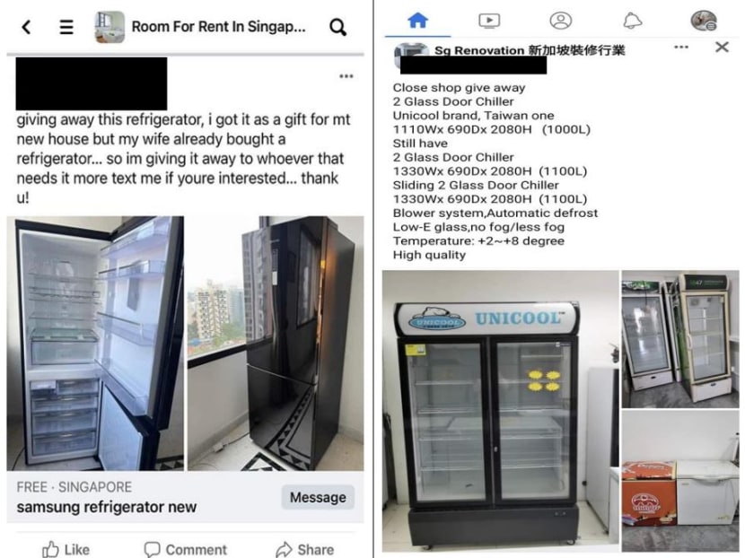 Items such as refrigerators listed for giveaway on Facebook. 