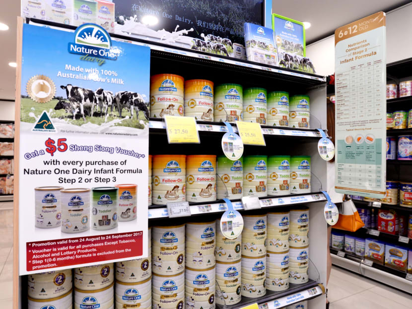 Singapore-owned manufacturer Nature One Dairy's formula milk products on the shelves of Sheng Siong, on August 24, 2017. Photo: Robin Choo/TODAY Singapore-owned manufacturer Nature One Dairy's formula milk products on the shelves of Sheng Siong, on August 24, 2017. Photo: Robin Choo/TODAY
