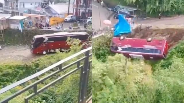 疑司机忘拉手刹车 印尼旅游巴士冲下山谷一人死