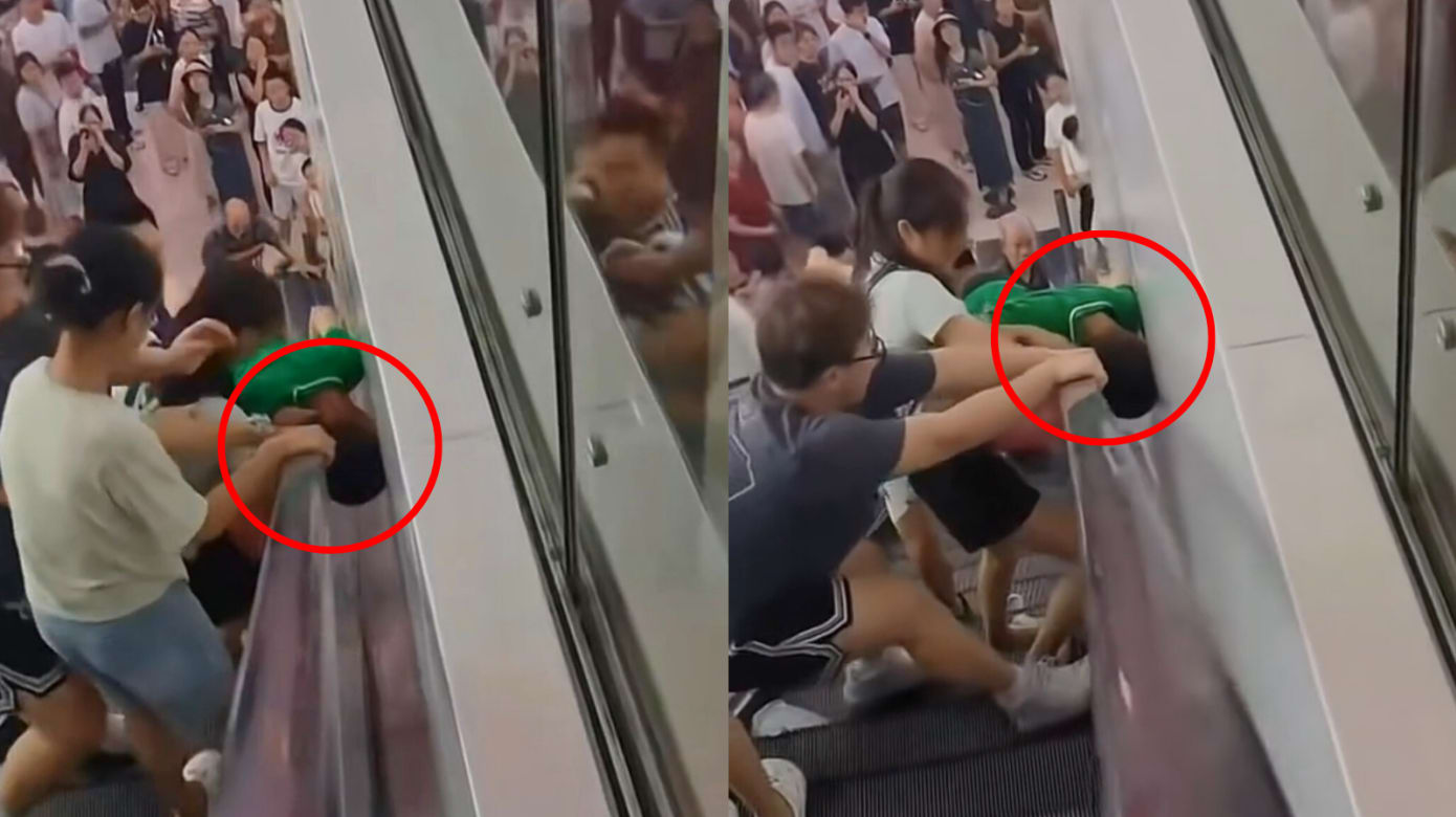 重庆商场惊险一幕！男童头部卡扶梯与墙体之间