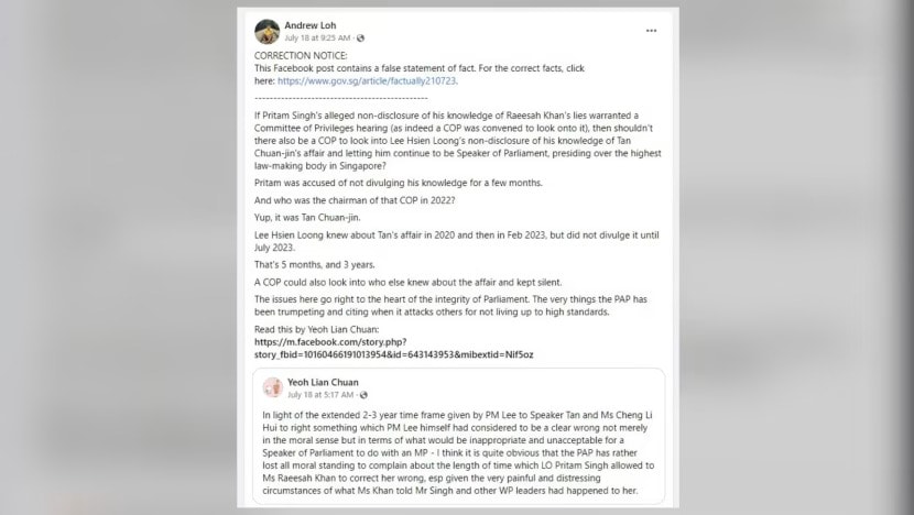 Pofma orders issued over online posts falsely stating that Committee of Privileges was convened to look into Pritam Singh