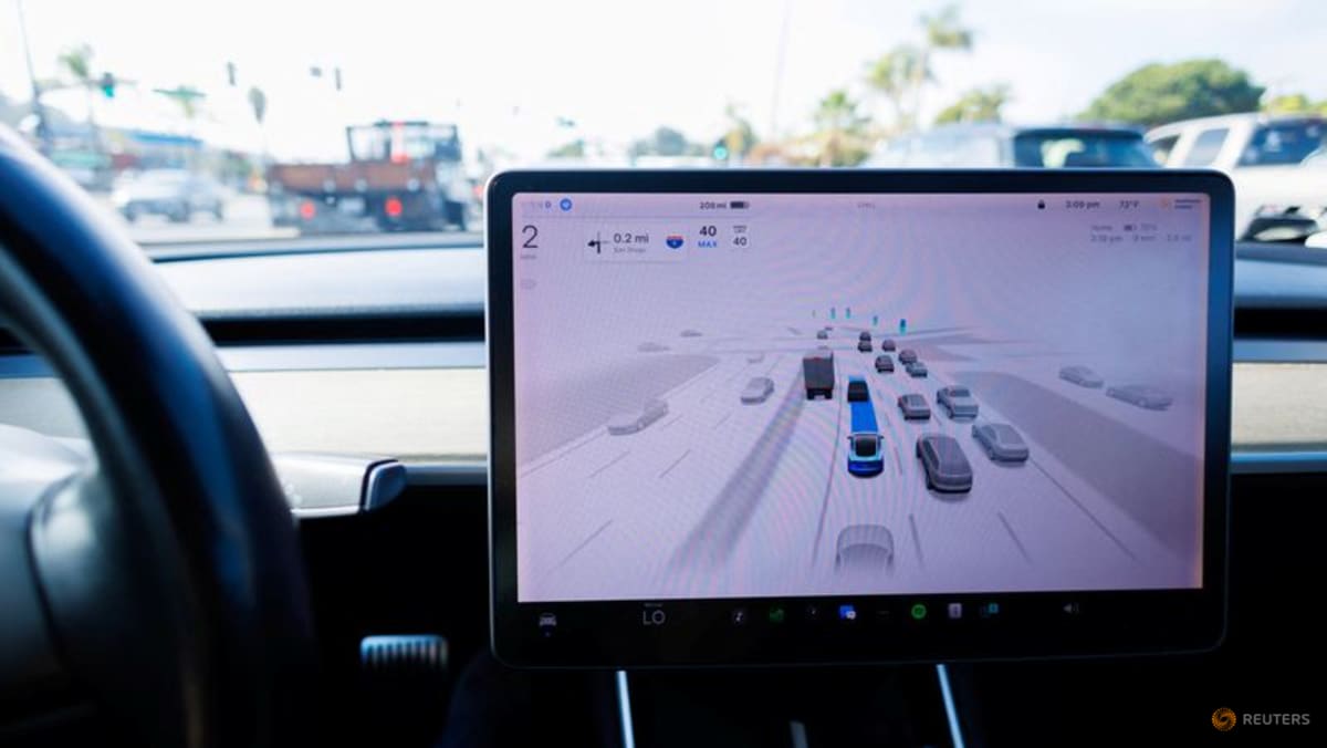 FILE PHOTO: A Tesla Model 3 vehicle drives using FSD (Full Self-Driving) in Encinitas, California, U.S., October 18, 2023. REUTERS/Mike Blake/File Photo