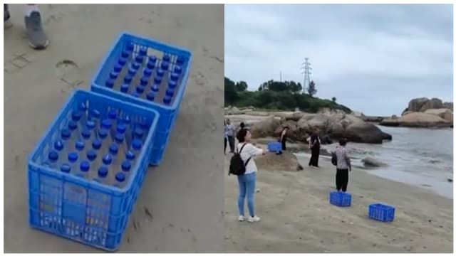 中国多人海边“放生”矿泉水 当局：浪费资源