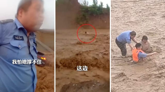 中国女子被困洪流无法脱身 胖辅警挺身救人 