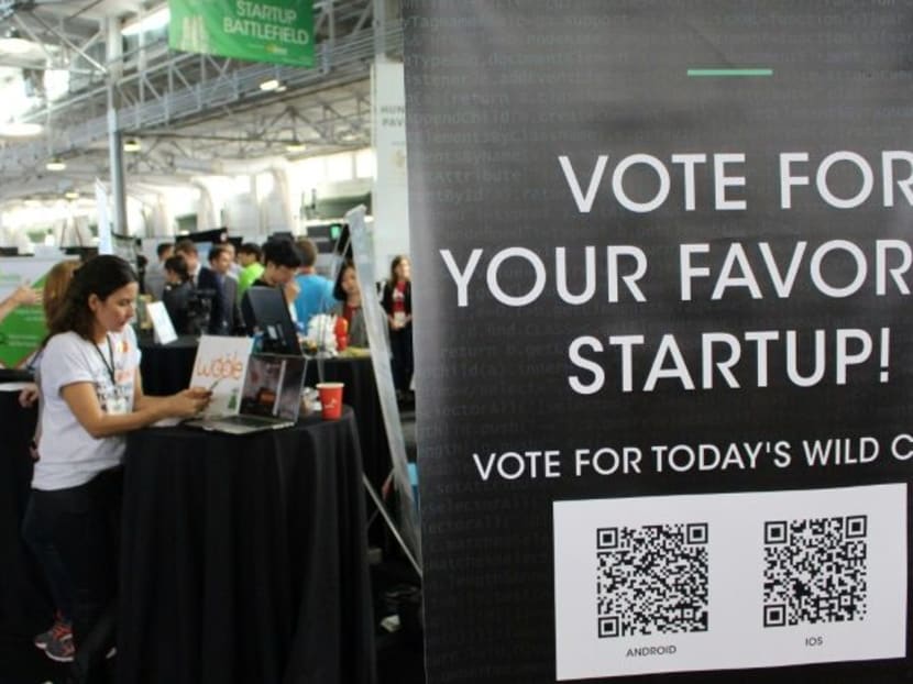 Tech startups vie for investors, fans and media attention at a TechCrunch Disrupt conference in San Francisco.