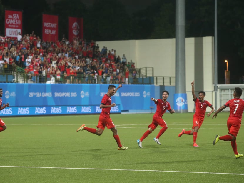 The Singapore team celebrate a goal at the SEA Games match between Singapore and Philippines. TODAY file photo