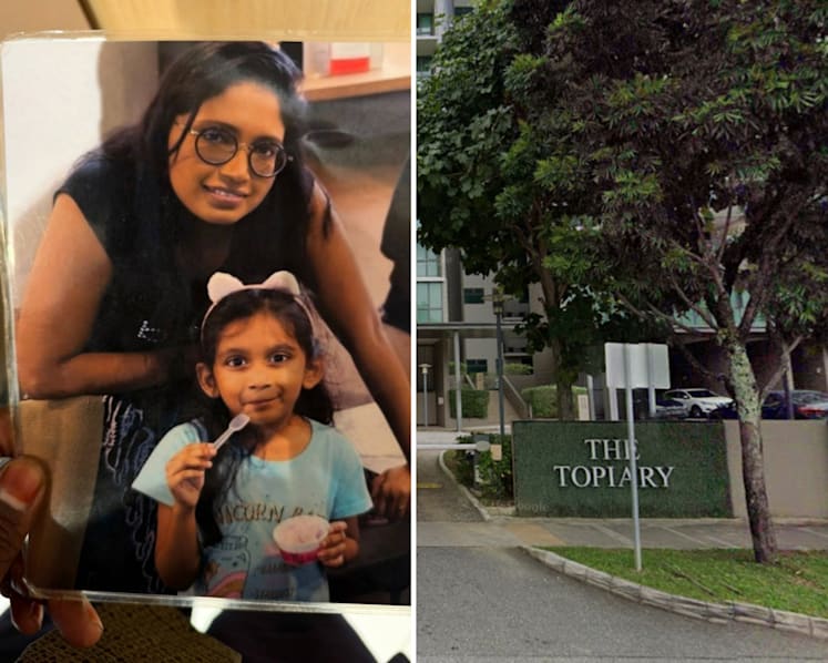 The late Nivya Rameshwar pictured with her mother (left) and the Topiary condominium at Fernvale. (Images: Courtesy of Neela Kanagasundaram, Google Street View)