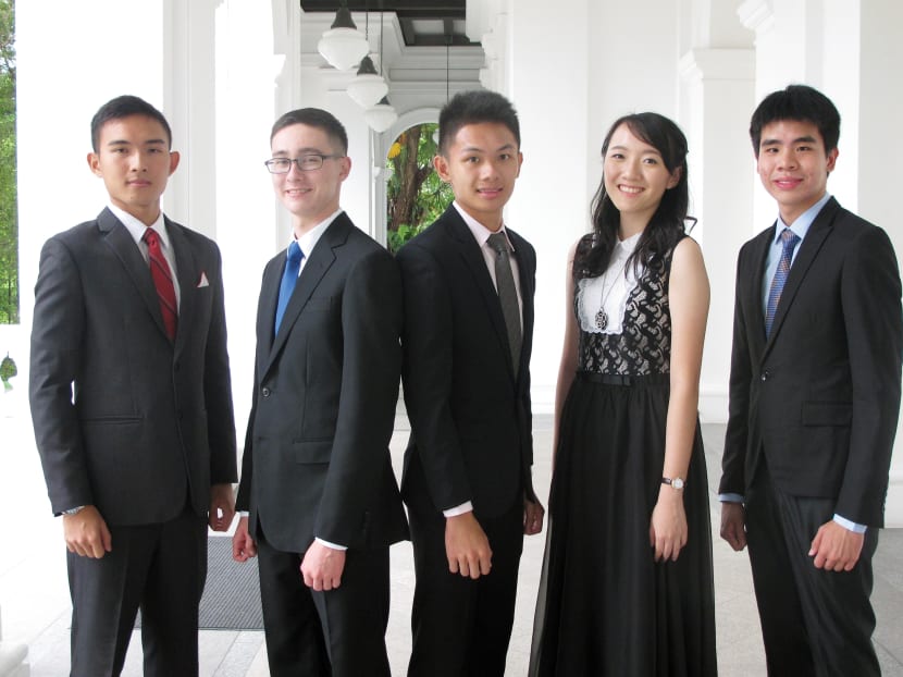 The scholarship recipients (from left): Mr Eugene Lim Zhi Wei, Mr Brendan Dean 
Zhi Min, Mr Arturo Neo Yong Yao, 
Ms Lee Zi Xin 
and Mr Tommy Koh Kit Shaun. 
PHOTO: Public 
Service Division