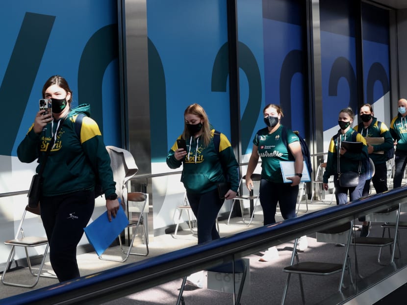 Australian softball national team players arrive at Narita Airport in Chiba prefecture on June 1, 2021 to take part in the upcoming Tokyo 2020 Olympic Games.