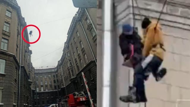 未戴防护装备除雪失足 俄清洁工悬挂六楼高电线来回摇晃