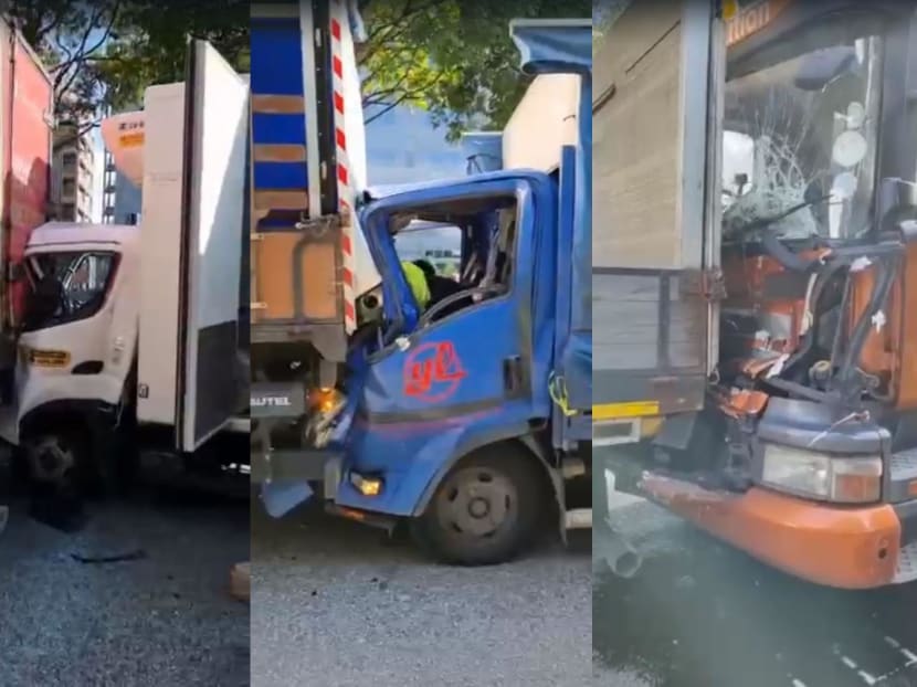<p>A composite of three of the vehicles damaged in the chain collision on the Ayer Rajah Expressway on July 7, 2022. A total of nine vehicles were involved in the accident.</p>
