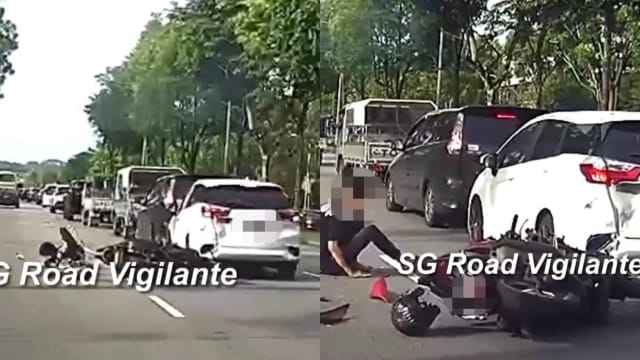 摩托车追撞轿车 骑士摔车安全帽飞落