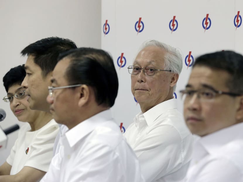 PAP candidates for the Marine Parade GRC at the press conference in Chai Chee today (Aug 26). The party’s slate for
the GRC is (from left) Associate Professor Fatimah Lateef, Social and Family Development Minister Tan Chuan-Jin, Mr Seah Kian Peng, ESM Goh Chok Tong and Mr Edwin Tong. Photo: Wee Teck Hian