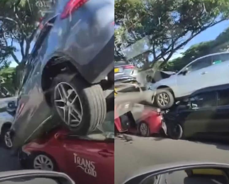 Cars stacked on top of each other after mass pile-up along ECP