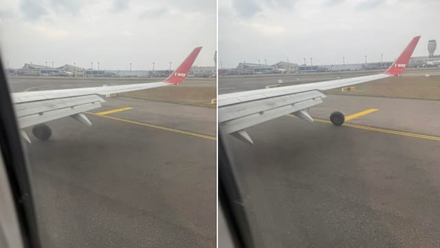 韩国客机降落桃园机场 右侧起落架轮胎突脱落