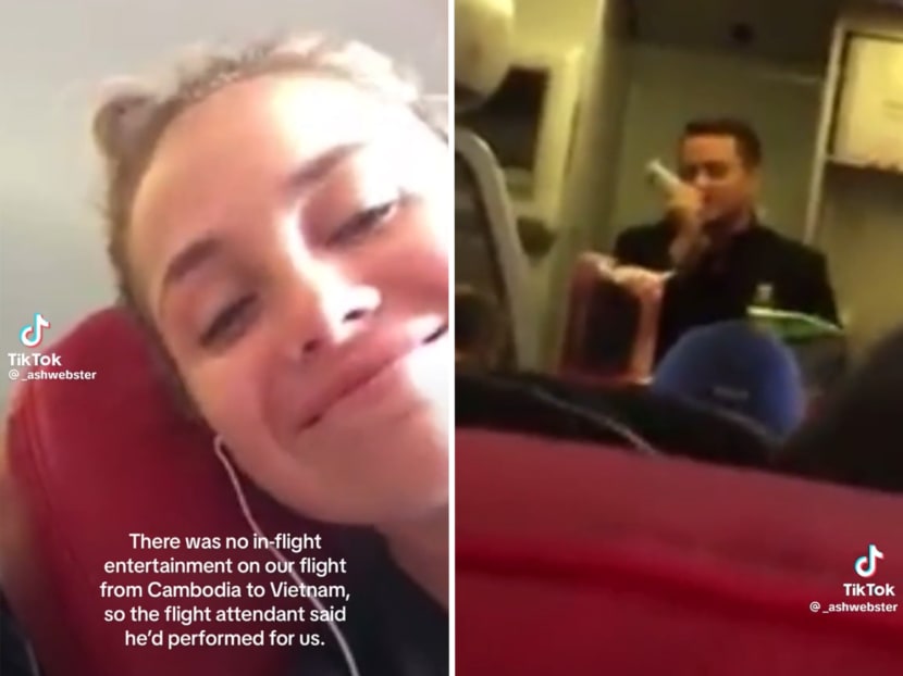 Screenshots from a TikTok video by user "_ashwebster" showing an AirAsia flight attendant singing Ed Sheeran's 'Perfect' to passengers. Screenshots from a TikTok video by user "_ashwebster" showing an AirAsia flight attendant singing Ed Sheeran's 'Perfect' to passengers.