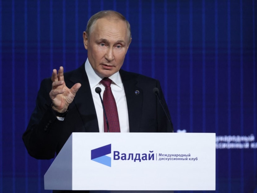 Russian President Vladimir Putin addresses the plenary session of the Valdai Discussion Club forum in the Moscow region on Oct 27, 2022.