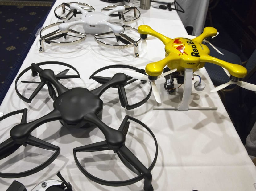 Ghost drones are displayed at an event with the Small Unmanned Aerial Vehicles (UAV) Coalition, Jan 20, 2015, at the National Press Club in Washington. Photo: AP
