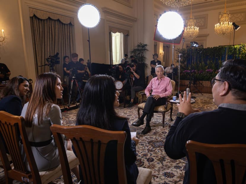 Prime Minister Lee Hsien Loong (centre of room) taking questions from reporters on April 26, 2024. Prime Minister Lee Hsien Loong (centre of room) taking questions from reporters on April 26, 2024.