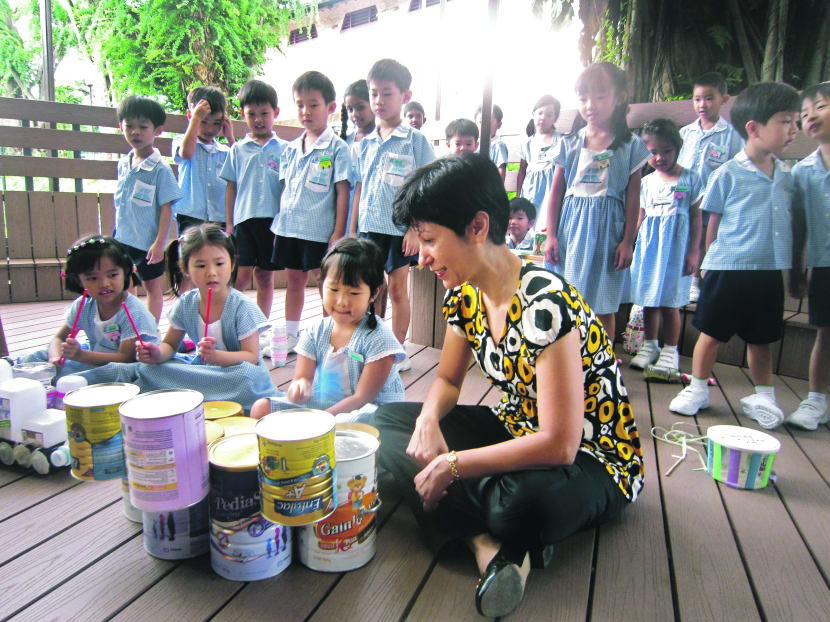 Senior Minister of State (Education and Law) Indranee Rajah at Ascension Kindergarten yesterday. Ms Indranee said the objective of the updated framework is to raise the overall standards of kindergartens. Photo: Ng Jing Yng