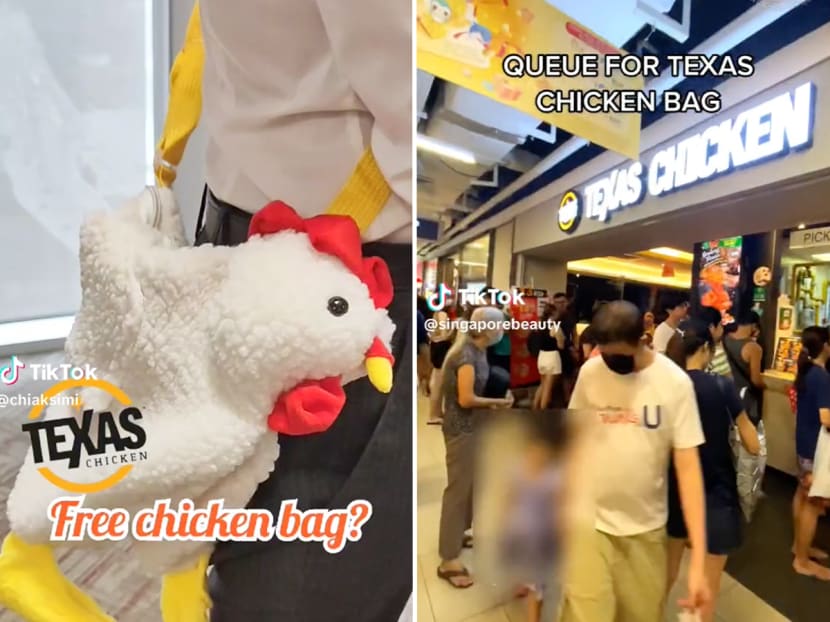 Images on TikTok showing people in Singapore queueing at Texas Chicken outlets (right) to get a limited edition bag (left). Images on TikTok showing people in Singapore queueing at Texas Chicken outlets (right) to get a limited edition bag (left).