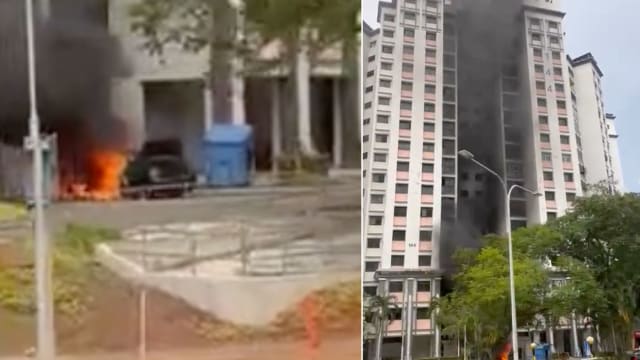 盛港轿车起火 浓烟染黑组屋外墙