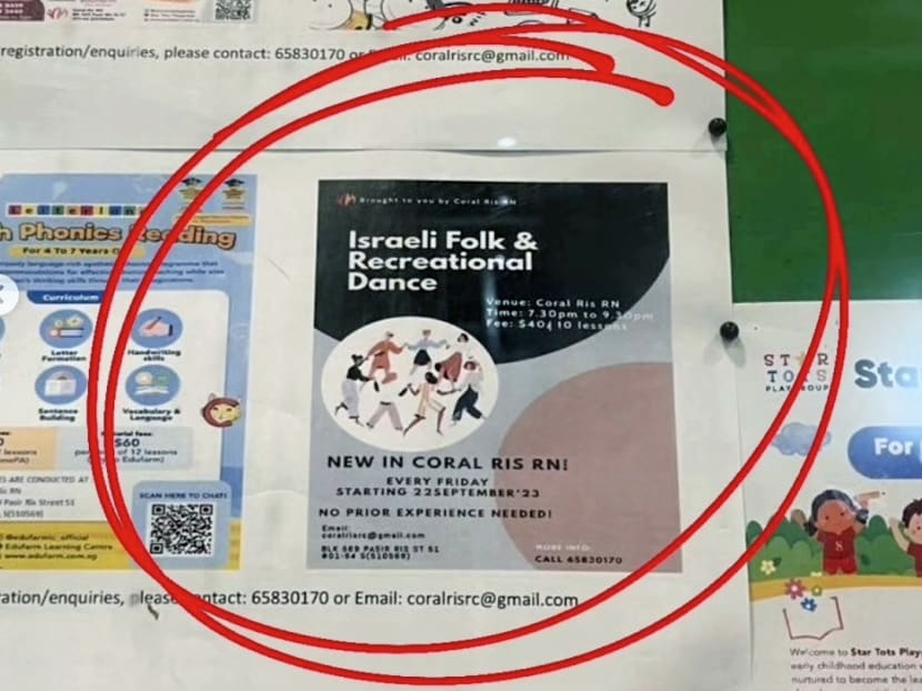 Instagram user "sgpforpalestine48" posted a screenshot of a poster advertising an Israeli Folk and Recreational Dance class on a notice board purportedly in Pasir Ris. Instagram user "sgpforpalestine48" posted a screenshot of a poster advertising an Israeli Folk and Recreational Dance class on a notice board purportedly in Pasir Ris.