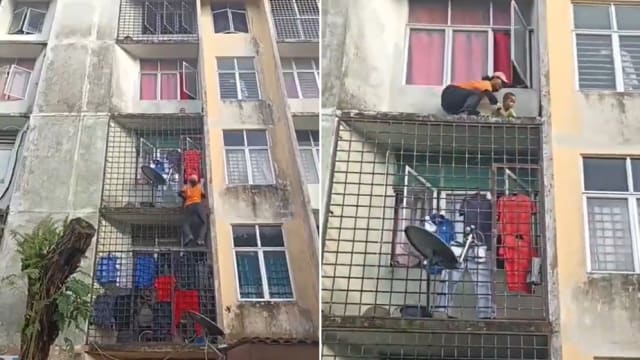 马国男童爬窗险坠三楼 邻居冒险攀窗救人