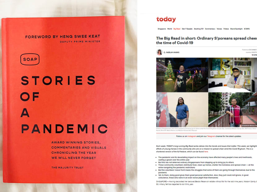 Stories of a Pandemic (left) is an anthology of real-life accounts, commentaries and visuals that were published in the first year of the Covid-19 pandemic in Singapore, and it includes three entries from TODAY. Stories of a Pandemic (left) is an anthology of real-life accounts, commentaries and visuals that were published in the first year of the Covid-19 pandemic in Singapore, and it includes three entries from TODAY.