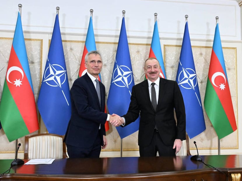 Azerbaijani President Ilham Aliyev (R) and Nato Secretary General Jens Stoltenberg deliver press statements following their talks in Baku on March 17, 2024. Azerbaijani President Ilham Aliyev (R) and Nato Secretary General Jens Stoltenberg deliver press statements following their talks in Baku on March 17, 2024.
