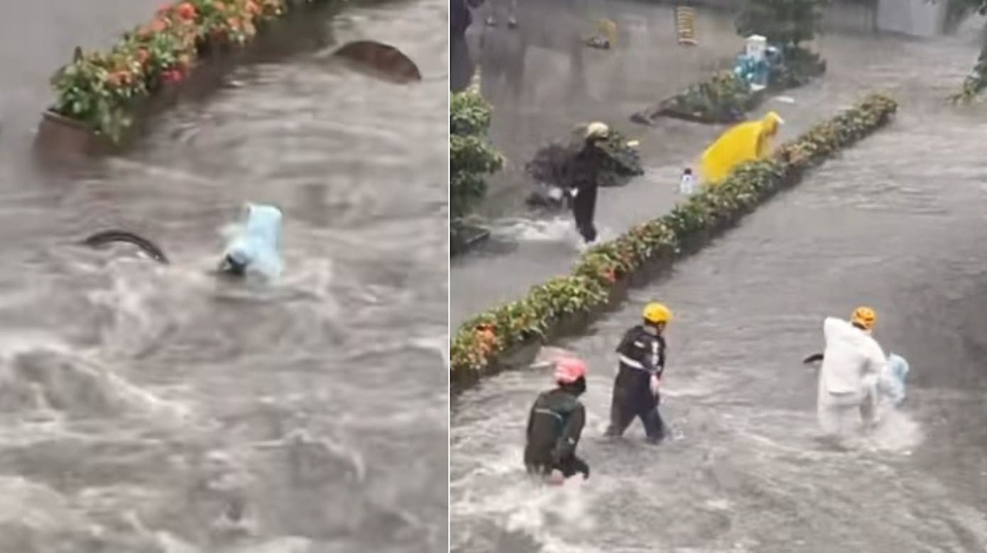 广州暴雨积水湍急 三外送员勇救男童
