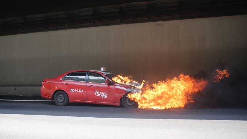 Trans-Cab taxi bursts into flames along CTE, cabby escapes without serious injury
