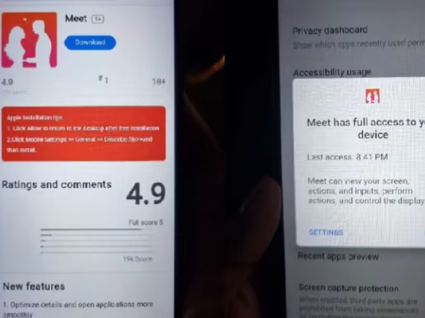 A phone displays information about a malicious Android app that is being used in a new scam variant. A phone displays information about a malicious Android app that is being used in a new scam variant.