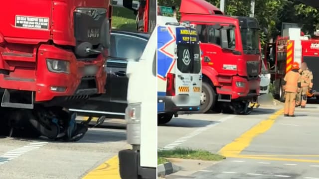 摩托车卷入卡车车底 民防部队：一人受轻伤