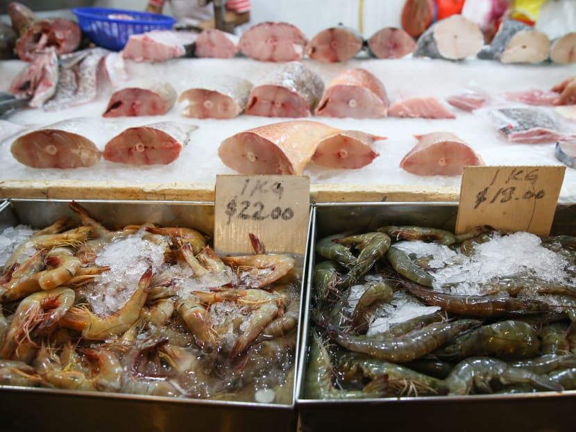 Prawns are laid out for display at the fish stall at Ghim Moh Road Market, December 18, 2018.