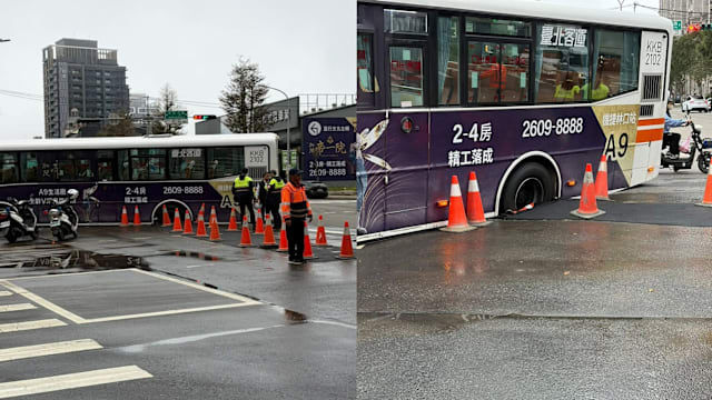 台湾巴士轮胎陷路面受困 乘客紧急疏散幸无人伤