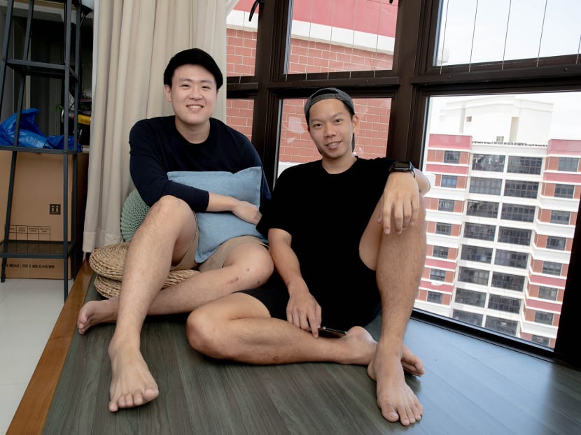 Mr Bryan Foo (right), 28, and his housemate, Mr Jin Dong Yang, 27, in their rented flat at Redhill Road on Thursday, Sept 9, 2021. Mr Bryan Foo (right), 28, and his housemate, Mr Jin Dong Yang, 27, in their rented flat at Redhill Road on Thursday, Sept 9, 2021.