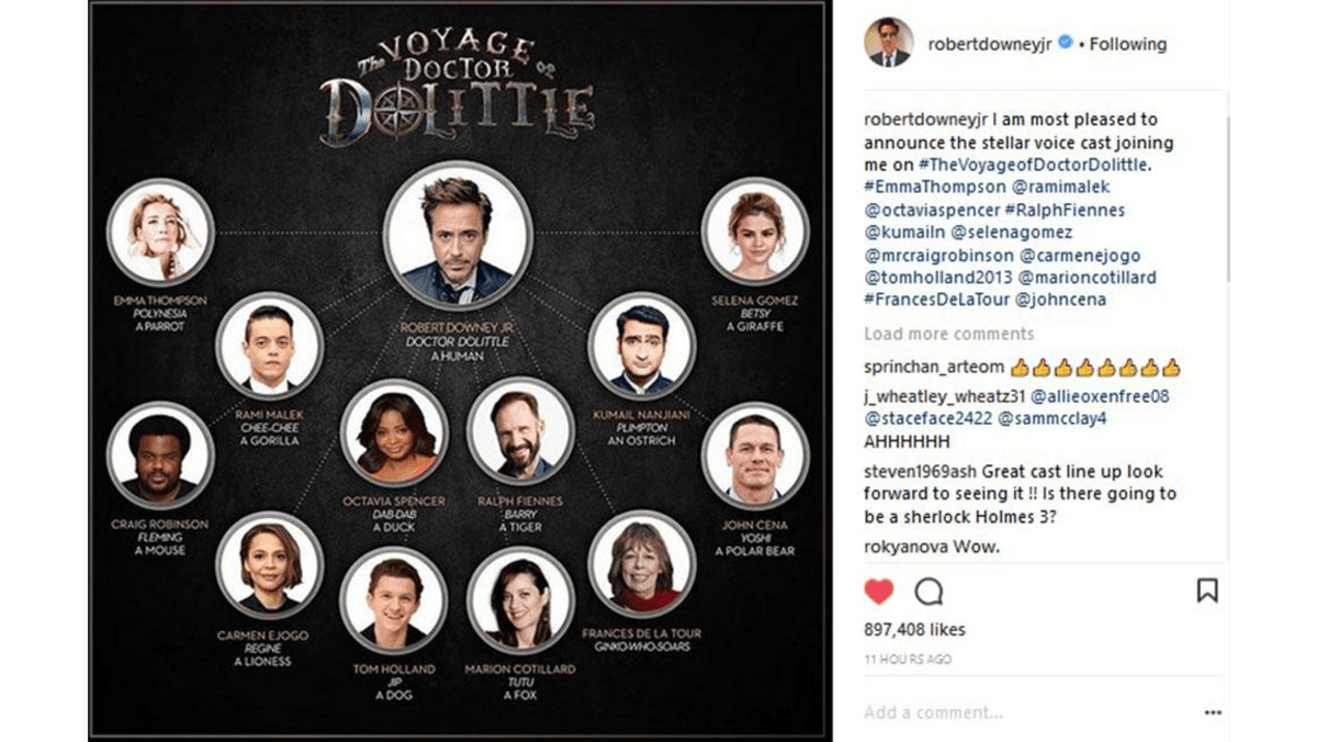 Robert Downey Jr reveals Doctor Dolittle voice cast 8days