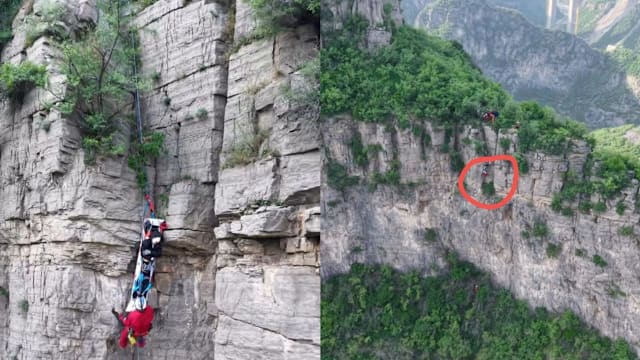 中国登山者坠崖卡树杈 幸遇演练救援队紧急转实战救人