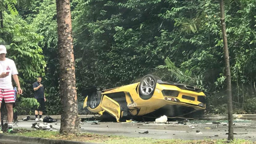 Lamborghini driver, 22, in hospital after car flips over in Sentosa