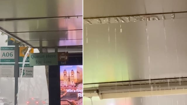 德士司机雨天车抛锚 德士站躲雨却见“水帘洞”