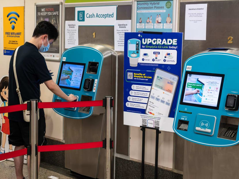 SimplyGo posters seen beside ticketing kiosks in an MRT station on Jan 12, 2024. SimplyGo posters seen beside ticketing kiosks in an MRT station on Jan 12, 2024.