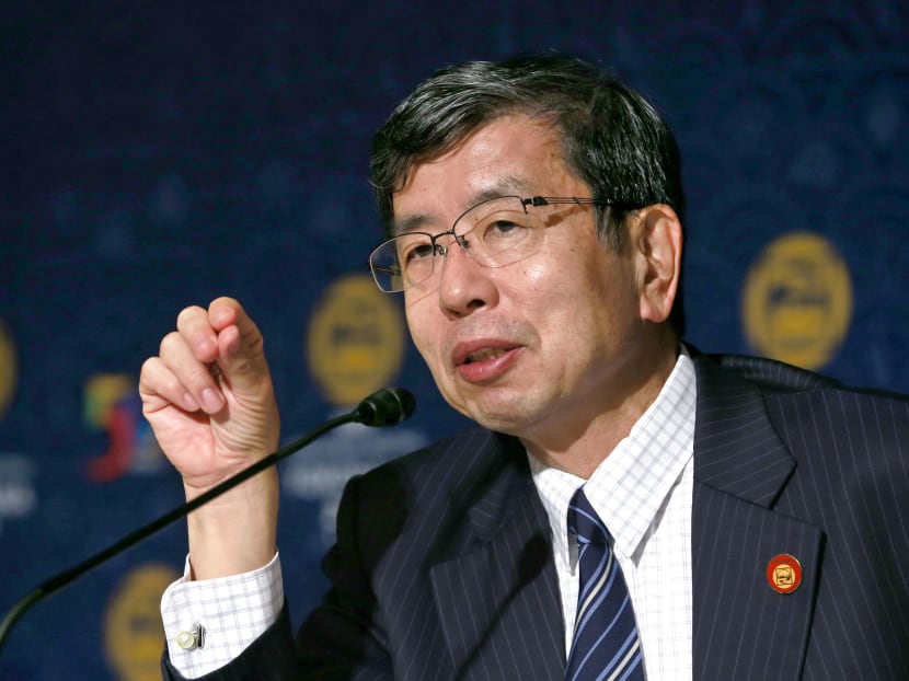 The Asian Development Bank (ADB) President Takehiko Nakao speaks during the closing press conference of an ADB annual meeting in Yokohama, near Tokyo, Sunday, May 7, 2017. Source: AP